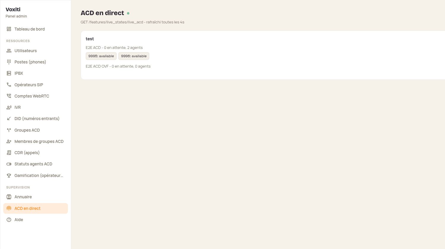 Voxiti administration showing real test groups and two available test agents.