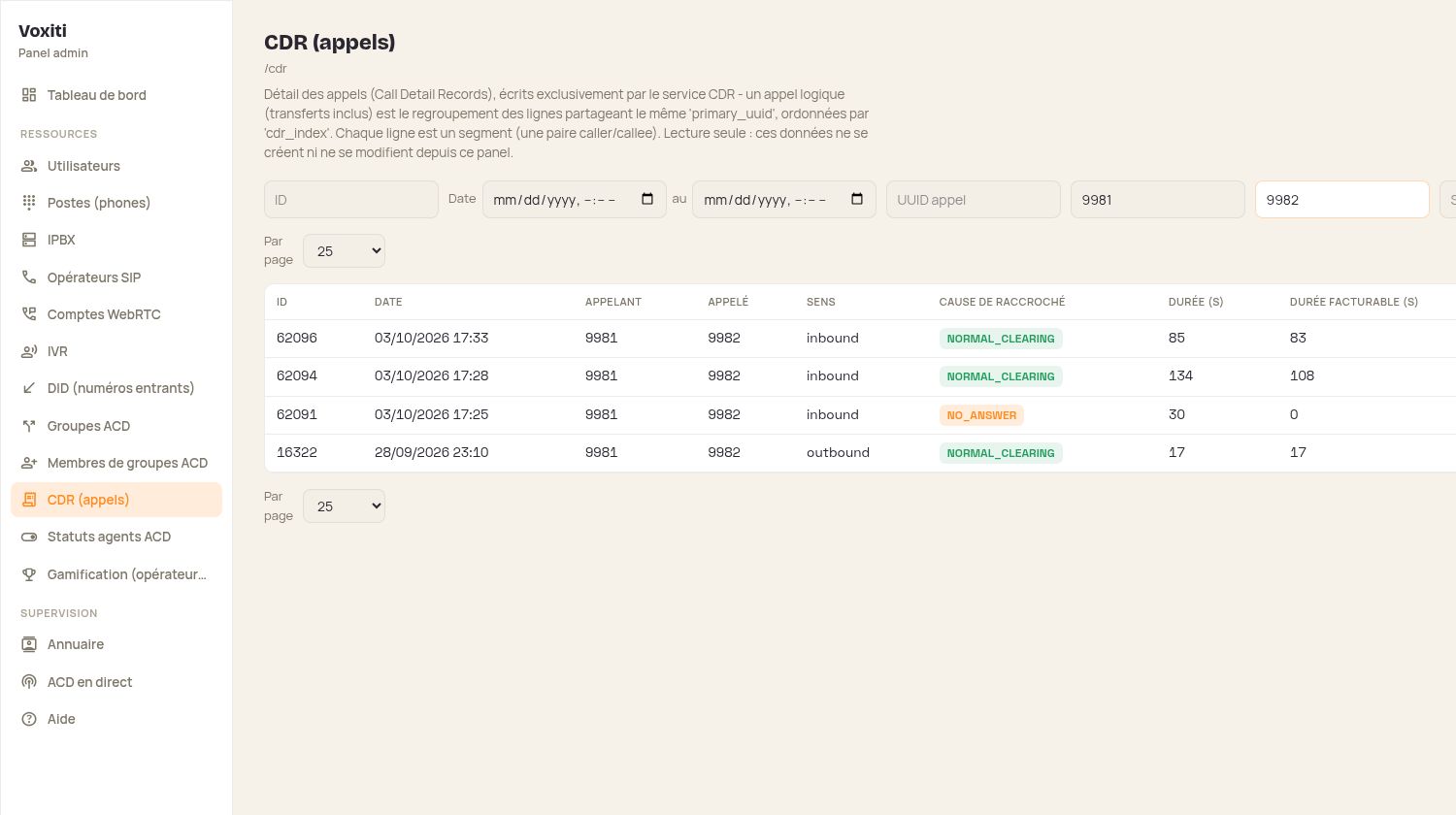 Voxiti history filtered on four real test calls with durations and end causes.
