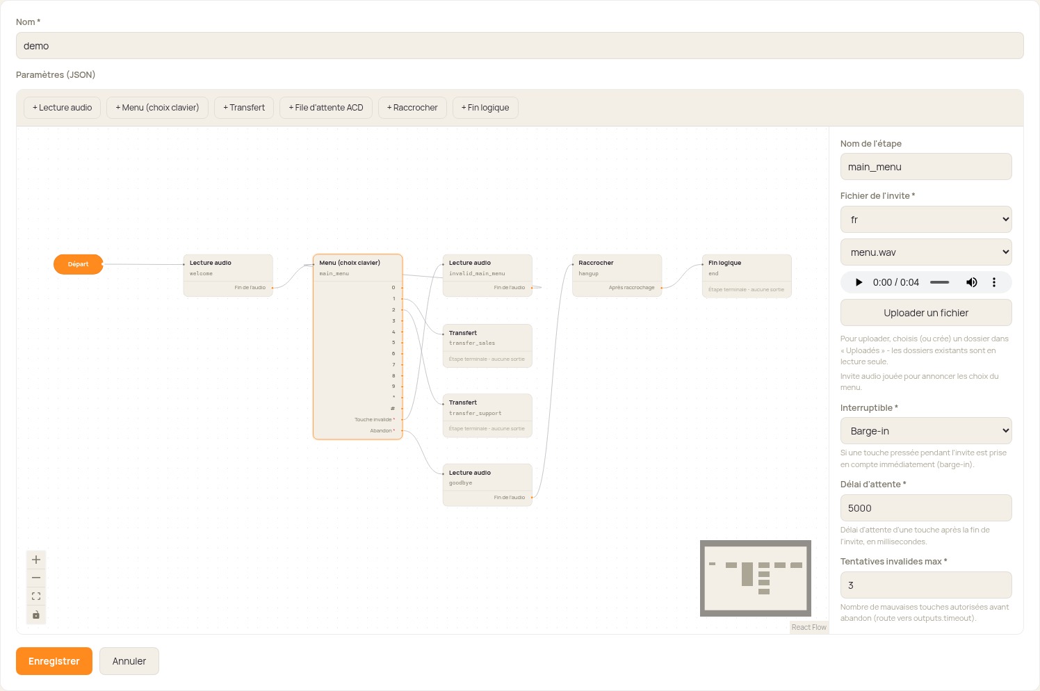 Voxiti graphical editor showing an eight-step test voice menu with transfer branches.